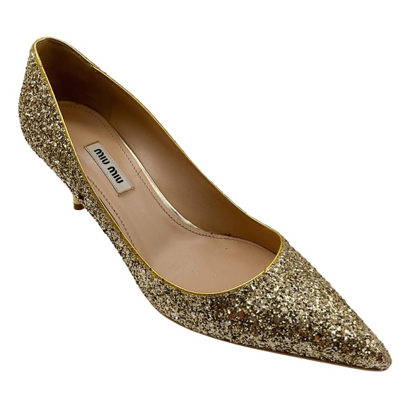 MIU MIU GOLD METALLIC GLITTER PUMPS - Picture 1 of 8